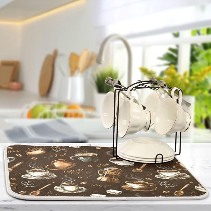 Coffee Beans Dish Drying Mat for Kitchen Counter 18 x 24 Inch Absorbent Microfiber Dry Dishes Mats Drainer Mat Dish Drying Pad for Countertops