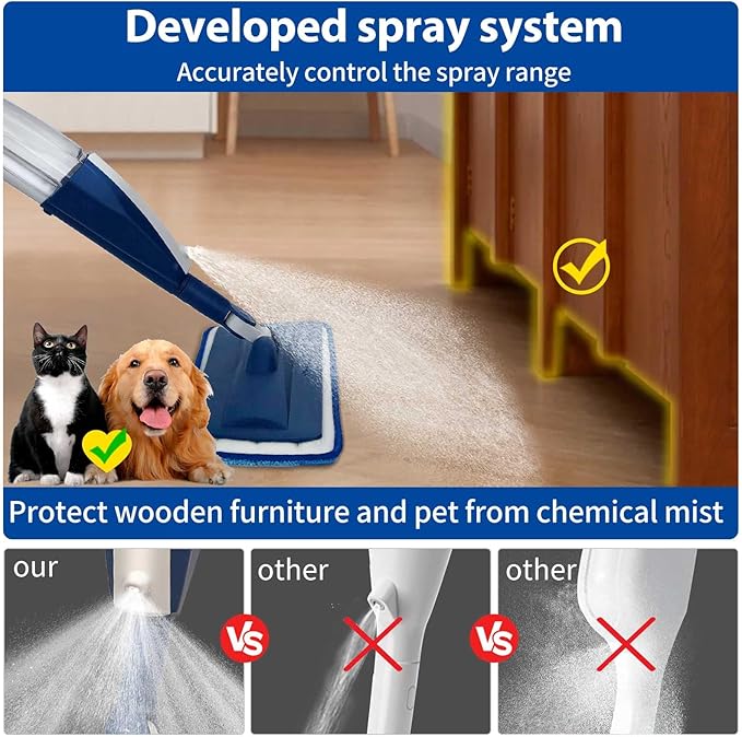Spray Mop for Floor Cleaning, 2 Pack with Refillable Bottles & Pads | Blue combo, refillable 14 oz bottles, 6 washable microfiber pads, wet/dry use for hardwood, tile, laminate, home & commercial