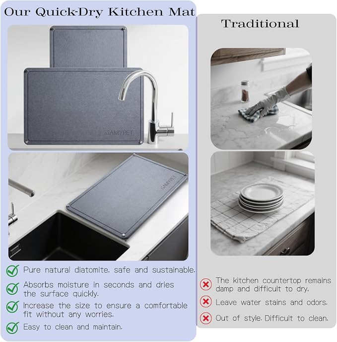 Stone Drying Mat 24"x16" Stone Dish Drying Mat for Kitchen Counter | Natural Diatomaceous Earth Absorbs Fast While Elevated Steel Feet Improve Airflow And Curved Wood Supports Prevent Sagging