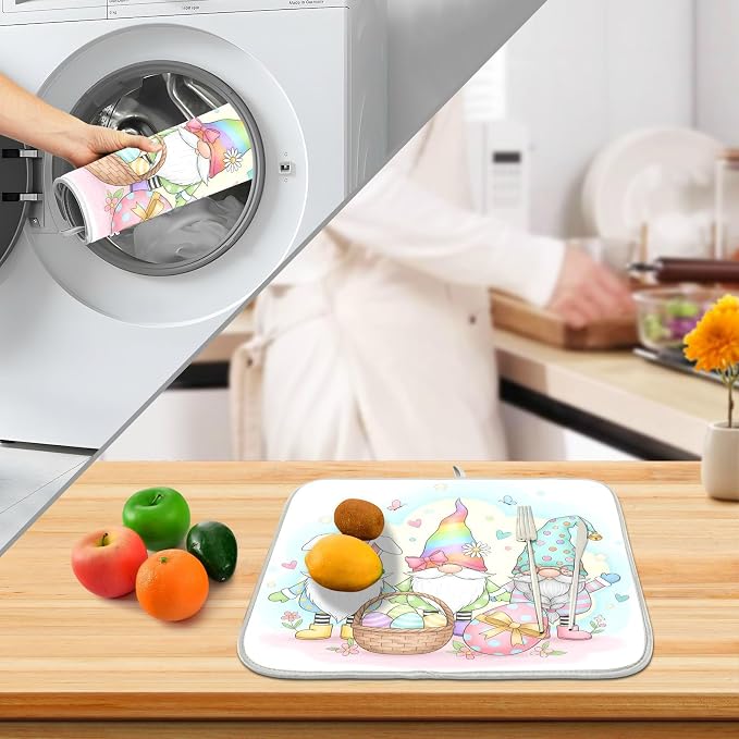 Colorful Easter Cute Gnomes Dish Drying Mat for Kitchen Counter Absorbent Microfiber Small Drying Pad Dish Mats for Kitchen Countertops 16 x 18 Inch