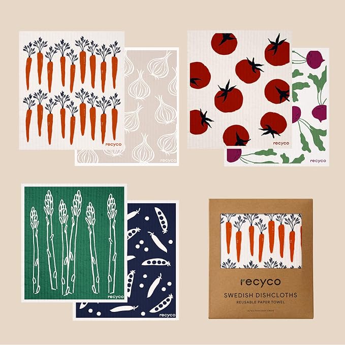 RECYCO Swedish Dishcloths for Kitchen | 6 Packs Veggie Melody Washable Dish Rags | Cellulose Reusable Cleaning Paper Towels | Absorbent Counter Dish Cloth Sponge Kitchen Wipes, 8" L x 7" W