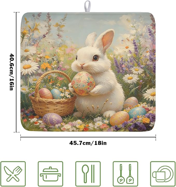 Easter Bunny Eggs Dish Drying Mat for Kitchen Counter 16 x 18 Inch Rabbit Floral Dish Drainer Mat Absorbent Microfiber Dish Rack Pad for Spring Holiday Coffee Dining Bar Decor