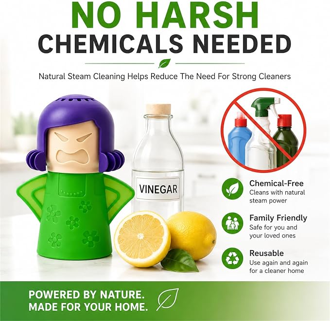 Microwave Steam Cleaner Tool, Fill with Vinegar & Water, Optional Lemon Drops, Heat 5-7 Minutes to Soften Grease & Residue, Non-Toxic Reusable Kitchen Cleaner for Microwaves (Green)