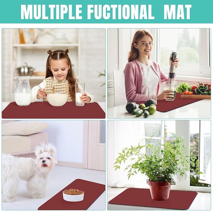 WISELIFE Coffee Mat Super Absorbent Dish Drying Mat Coffee Bar Accessories Match with Machine Large Drying Mats for Kitchen Counter 18" W x 32" L, Red