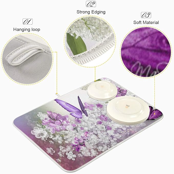Butterflies Flowers Purple Dish Drying Mat for Kitchen, Absorbent Microfiber Drying Pad Dish Mat, 24" X 18"