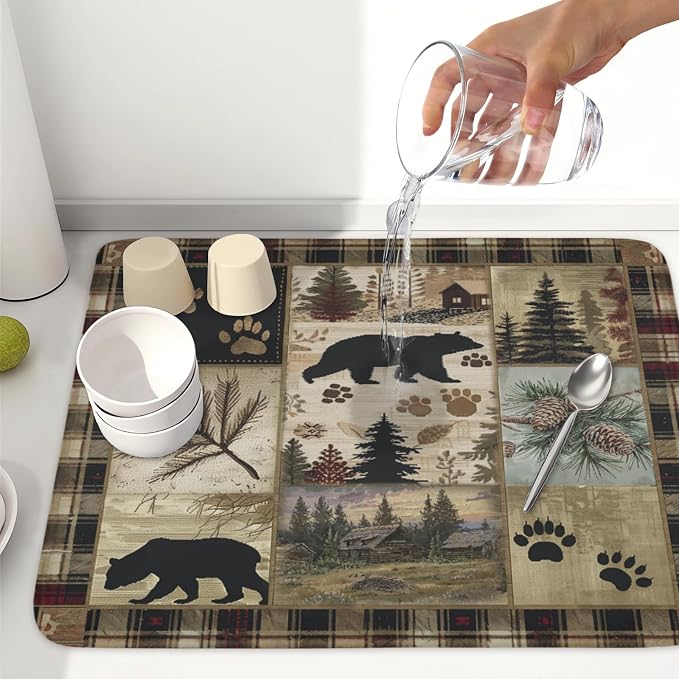 Giwawa Black Bear Dish Drying Mat Forest Cabin Decorative Dishes Pad 18x24 Inch Absorbent Fast Dry Dish Drainer Rack Mats for Kitchen Counter Sink