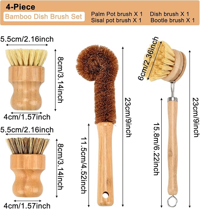 4 Piece Bamboo Dish Brush Set - Bamboo Dish Bottle Brush with Sisal, Dish Scrubber for Kitchen Cleaning Dishes, Pots, Pans