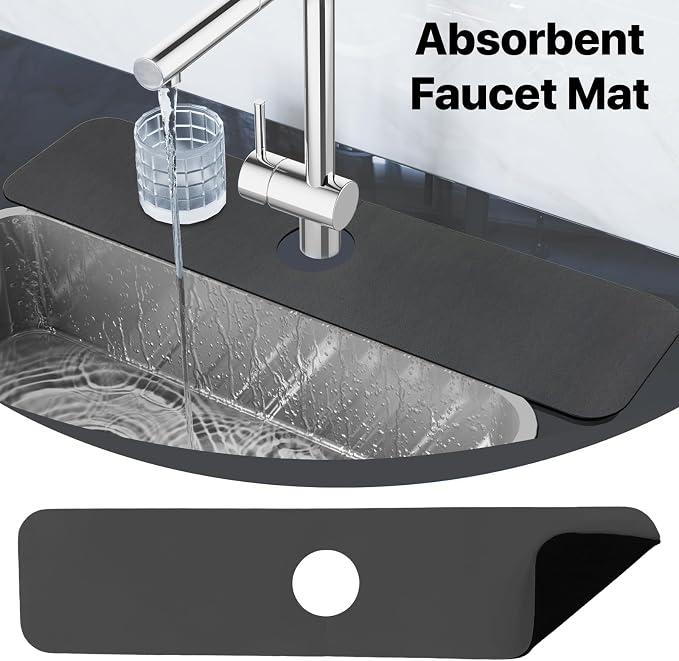 2PCS 12" x 19" Dish Drying Mat & 24" x 5.5" Faucet Mat for Kitchen Sink, Super Absorbent Kitchen Counter Mats & Sink Splash Guard, Easy to Clean Dark Gray Dish Rack Pad for Dishes Countertop