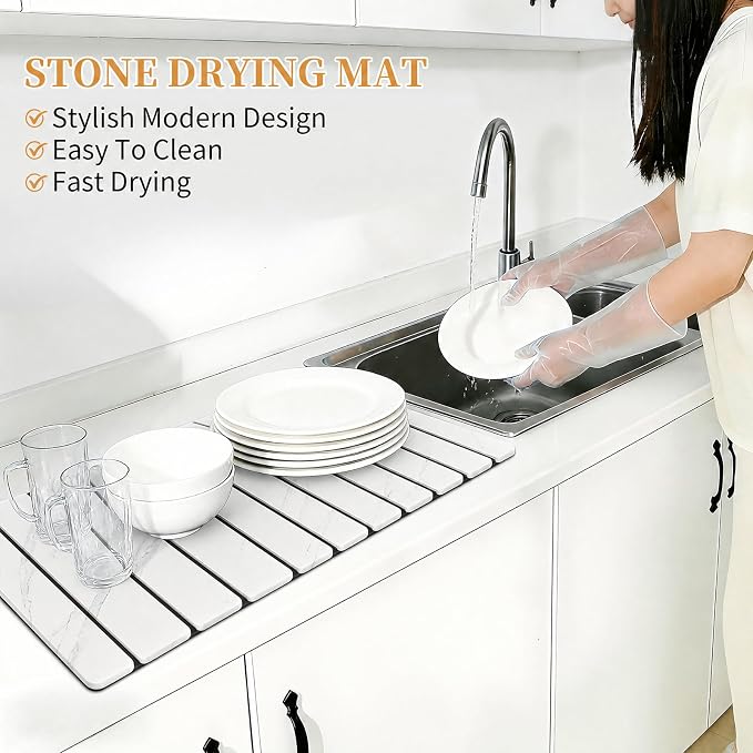 Stone Dish Drying Mat for Kitchen - Upgrade Counter Mats Quick Dry | Foldable Design, Super Absorbent, (24"×16"/ 8"x4" ) , for Dishes Cups , No Water Stains, Core Material Upgrade, White