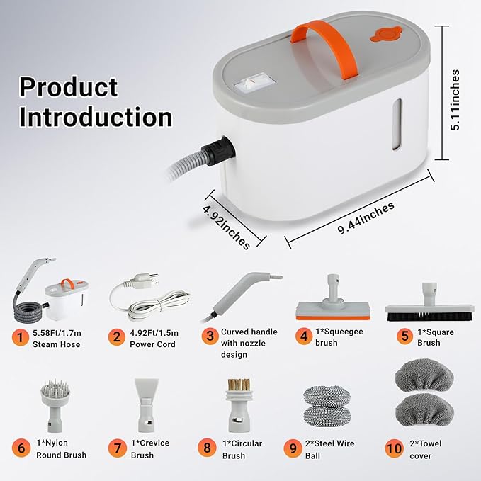 Steam Cleaner, Portable Handheld Pressurized Steam Cleaner | With 9 Accessories,15s Fast Heat-Up, Steam Cleaner For Home, Tile, Grout, Bathroom, Kitchen, Car Interior, Car