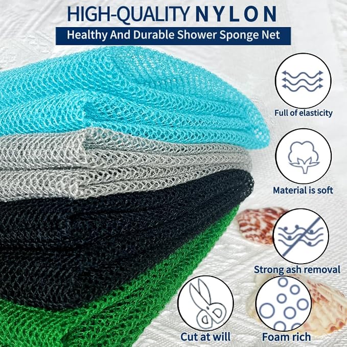 African Exfoliating Net, African Net Sponge, Nylon African Bathing Sponge Net, African Net Long Net Bath Sponge Shower Body Scrubber Back Scrubber Skin Smoother ((Black,White,Blue,Emerald Green))
