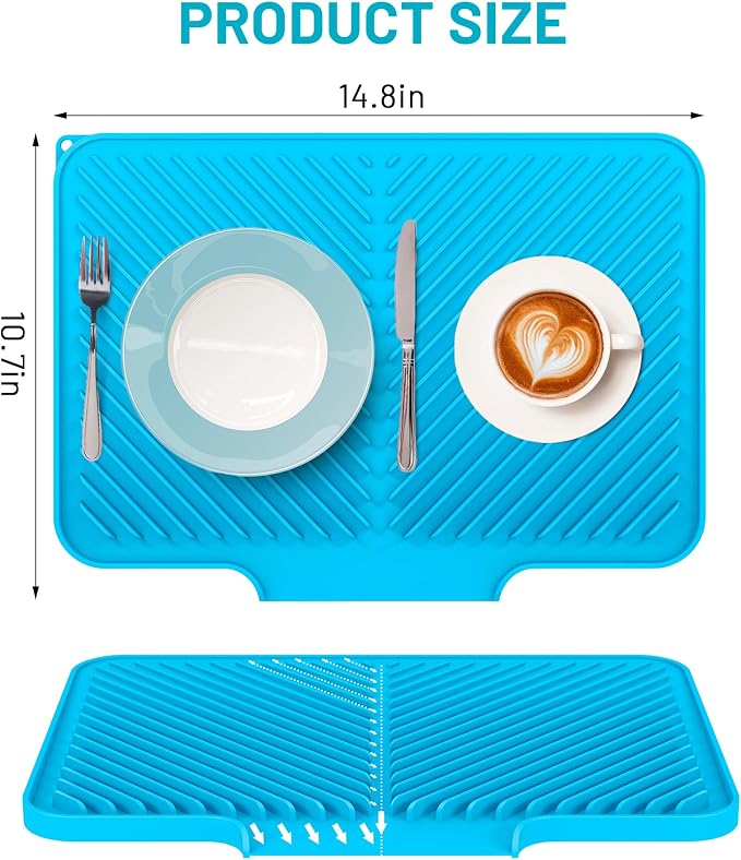Dish Drying Mat Kitchen Counter - Silicone Dish Drying Pad with Built-in Drain for Sink, Refrigerator and Drawer liner, Easy Clean, Non-Slip, Heat Resistant, 14.8" x 10.7"