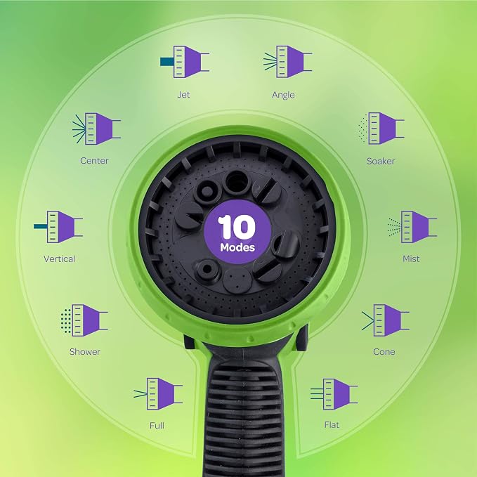 Hose Nozzle [Green] Heavy Duty Hose Sprayer With 10 Adjustable Watering Patterns. Thumb Control Design, Comfortable Ergonomic Grip, Garden Hose Nozzle for Watering Plants & Lawns/Fun showers/Cleaning