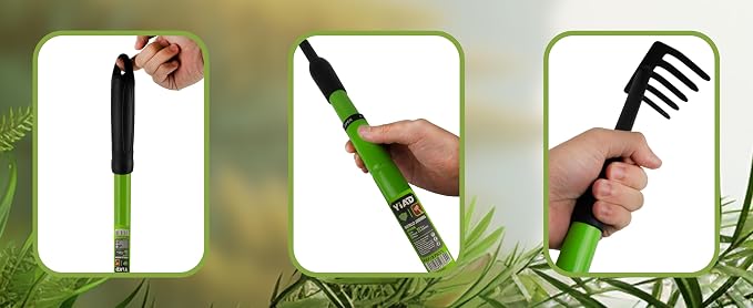Small Garden Rake, 27-39" Telescopic Hand Cultivator | 5 Tine Metal Head, Adjustable Long Handle for Tight Spaces, Ergonomic Lawn Weeding Tool for Seniors Flower Beds Pots
