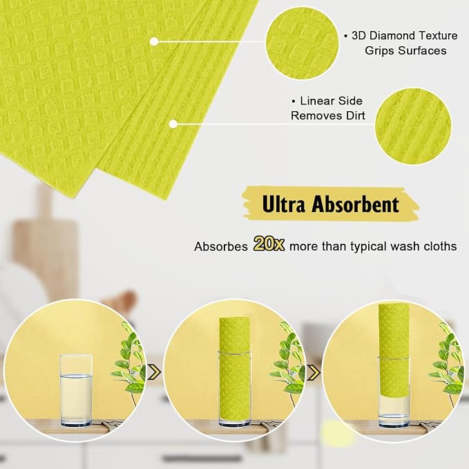 MoLKENE Swedish Dishcloths for Kitchen | 10 Pack Absorbent Cellulose Sponge Cloths Washable | Non-Scratch Reusable Paper Towels Quick Drying Cleaning Rag - Yellow