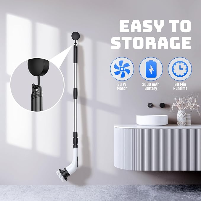 Electric Spin Scrubber for Bathroom: Shower Scrubber with Long Handle | Dual Speed Cordless Power Cleaning Scrub, 7 Brush Heads, IPX7 Waterproof Heavy Duty Cleaner Tools for Tub Tile Grout Wall