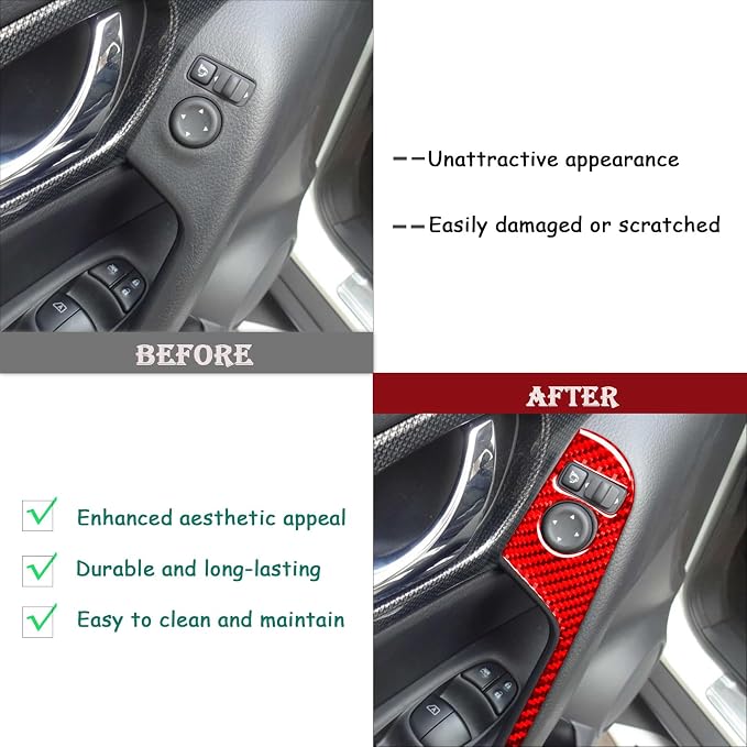 Red Real Carbon Fiber Trim for Nissan Rogue Accessories | for 2014-2020 / Rogue Sport 2017-2022 Side Mirror Control Sticker Interior Thick Overlay Decal