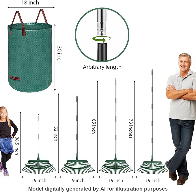 Adjustable Metal Leaf Rake Set – 25 Tines, 38-73" Handle, 19" Wide with 2 Pack 32-Gallon Leaf Bags & Scoops – Heavy Duty Garden Rake for Lawns, Shrubs, Grass, Flower Beds & Outdoor Use