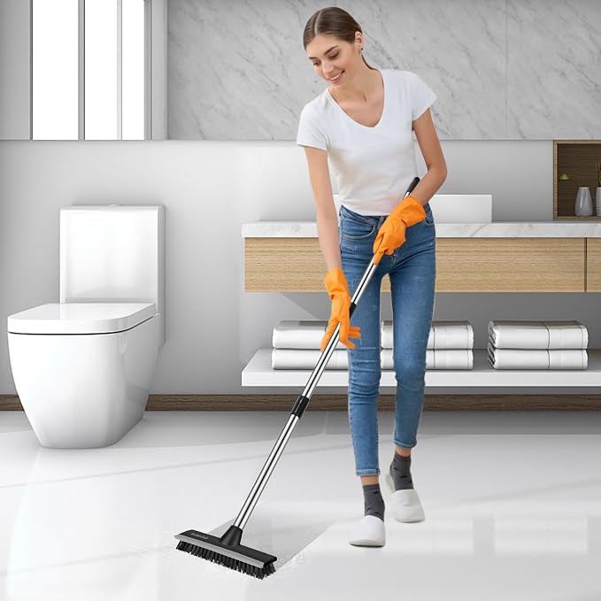 SetSail Floor Scrub Brush, 51-Inch Adjustable Long Handle Brush, Black Grey | 2 in 1 Scrape Brush Stiff Bristle Floor Scrubber for Cleaning Shower Bathroom Garage Kitchen Wall Deck Tub Tile