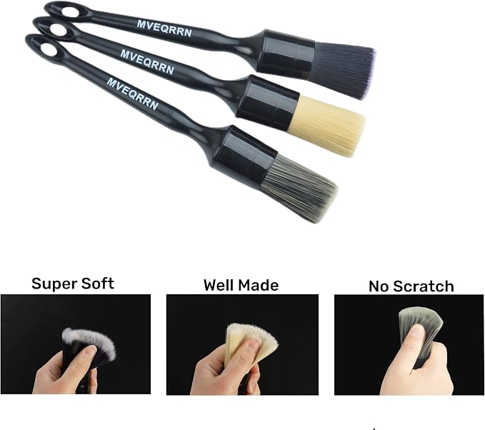 MVEQRRN 3PCS Car Detailing Brush Set, Boars Hair & Soft Auto Brushes | No Scratch,Detailing Brush for Air Vent,Leather Seat,Detail Brushes Car Detailing for Interior Exterior