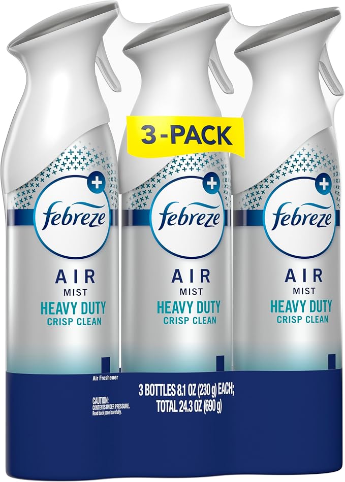 Febreze Air Mist, Air Freshener Spray, Odor Fighting Room Spray, Deodorizer for Home Bathroom Kitchen Office Apartment Dorm Room Classroom, Heavy Duty Crisp Clean Scent, 8.1oz (Pack of 3)
