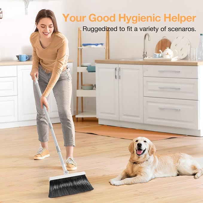 Broom with Dustpan Combo Set,UOEOS One-Sweep Clean,Pet Hair Removal Broom with Self-Cleaning Double-Layer Teeth,High Density Broom and Windproof Dustpan for Indoor&Outdoor