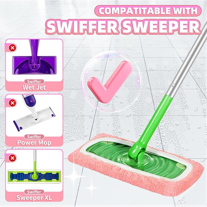 8 Pack Reusable Mop Pads Compatible with Swiffer Sweeper, Coral Fleece Washable Swiffer Mop Pads, Dry & Wet Sweeping Mopping Cloths (Pink, Not Included Mop)