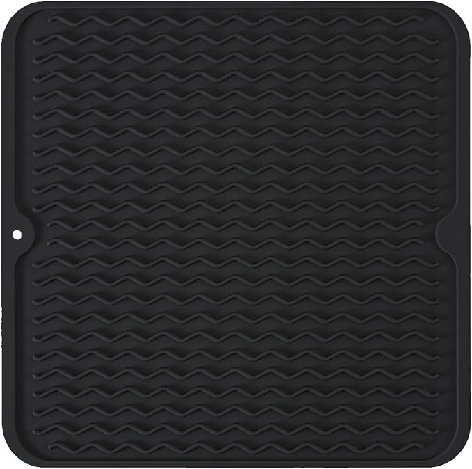 Silicone Dish Drying Mat, Non-Slip Easy Clean Sink Mat Large Heat-resistant Dish Drainer Mat for Kitchen Counter, Sink, Refrigerator or Drawer liner (12" x 12", BLACK)