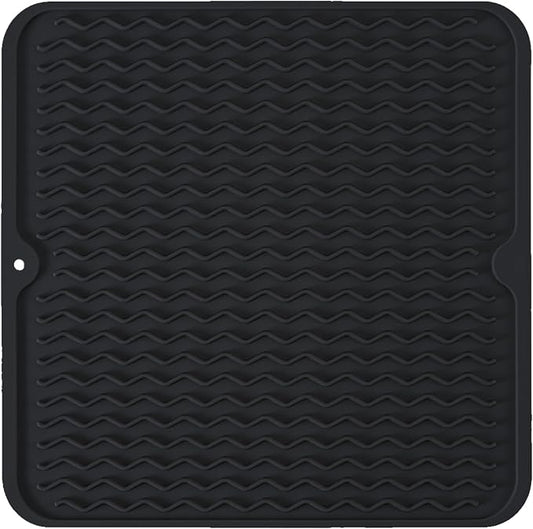 Silicone Dish Drying Mat, Non-Slip Easy Clean Sink Mat Large Heat-resistant Dish Drainer Mat for Kitchen Counter, Sink, Refrigerator or Drawer liner (12" x 12", BLACK)