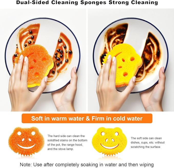 5 Pack Scrub Sponge, Dual-Sided Temperature Controlled Kitchen Sponge