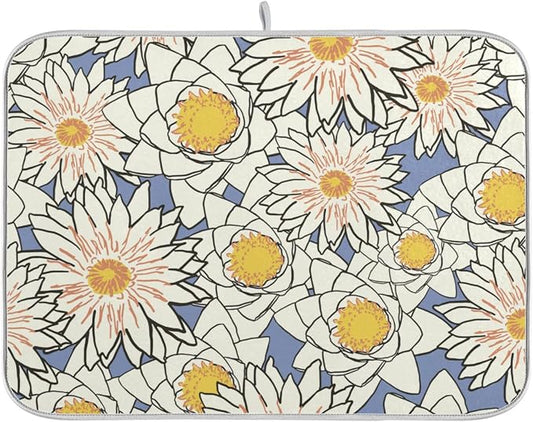 Absorbent Dish Drying Mat for Kitchen Counter - Flowers Lotus Yellow Microfiber Drying Pad, Reversible Drainer Mats for Countertop, Lager 18 x 24 inch
