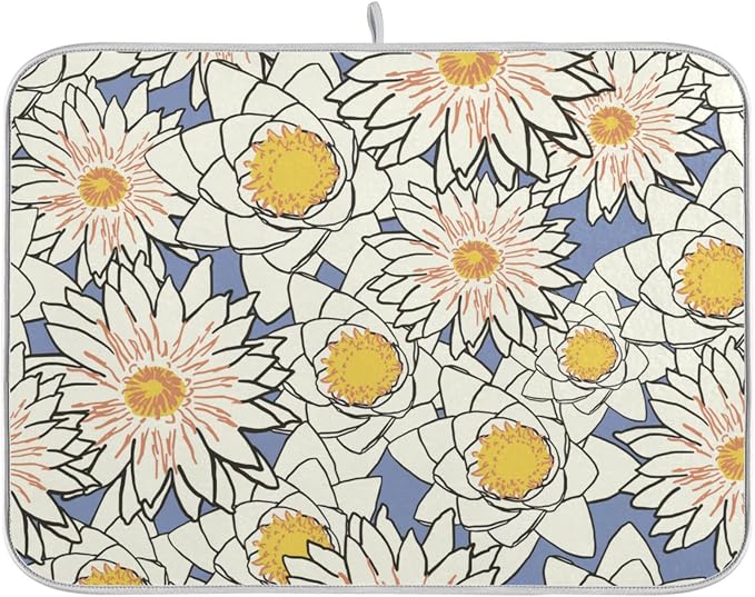 Absorbent Dish Drying Mat for Kitchen Counter - Flowers Lotus Yellow Microfiber Drying Pad, Reversible Drainer Mats for Countertop, Small 16 x 18 inch