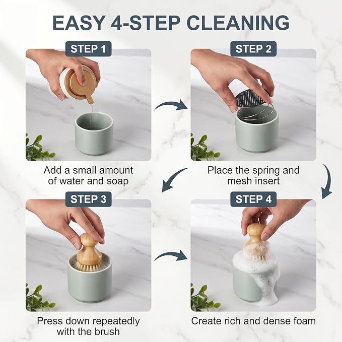 ONEMORE Bamboo Dish Brush with Ceramic Foaming Base, Kitchen Sink Scrub Brush Set with Spring and Mesh Insert, Wooden Handle Dishwashing Brush for Pots Pans Plates Bowls, Light Green