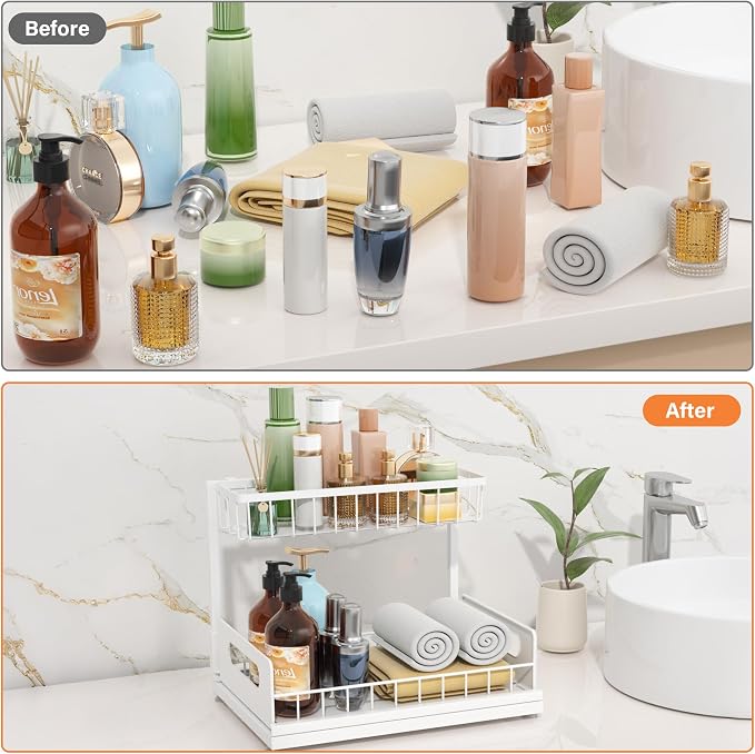 Under Sink Organizer 2 Tier, Pull Out Drawer Slides Under Sink Storage for Bathroom Kitchen,Multi-Purpose Drawer Under Cabinet Organizer for Cleaning Supplies (White, 2 Pack)