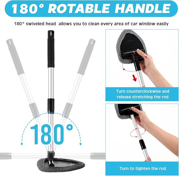 Potchen 8 Pcs Car Windshield Cleaner Tool Kit with Extendable Handle, Microfiber Towel Pads, Brush, Empty Spray Bottle for Auto Glass Wiper Suvs Rvs & Home Windows(Grey)