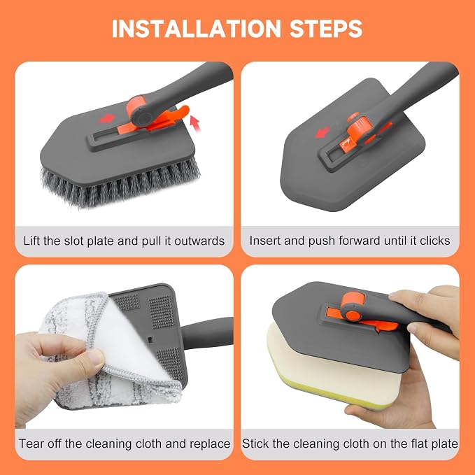 nacena Shower Scrubber with Long Handle, 3 in 1 Tile Tub Scrubber Brush with 3 Detachable Cleaning Heads Adjustable Handle Shower Cleaner Brush for Bathroom, Kitchen, Toilet, Wall, Sink, Grey Orange