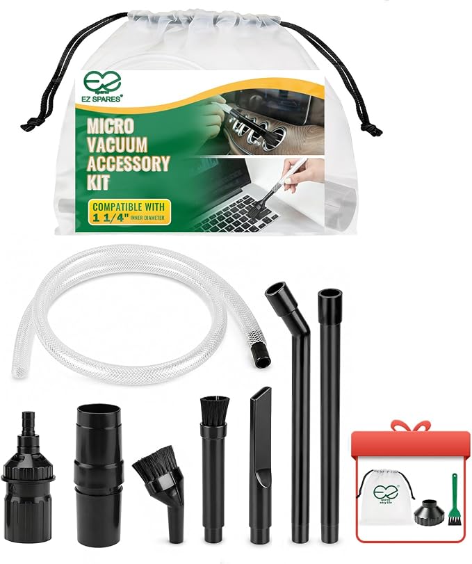 EZ SPARES 1-1/4" Micro Crevice Kit, Keyboard Car Vent Tools with Bag | Boosts suction in tight gaps and corners. Great for wood dust, pet hair, keyboard, car vents. Storage pouch included.