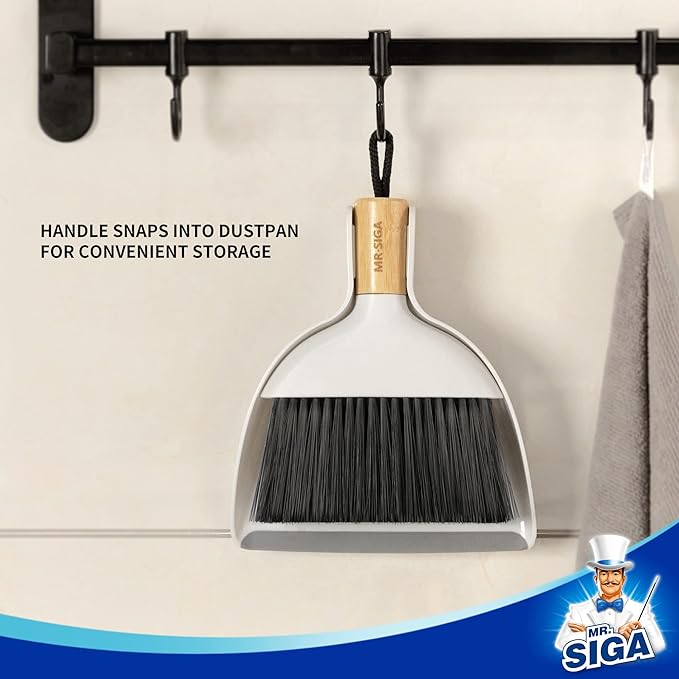 MR.SIGA Mini Dustpan and Brush Set, Bamboo Handle, White, 1 Set | Portable cleaning brush and dustpan combo, handheld brush and dustpan combo with hanging loop
