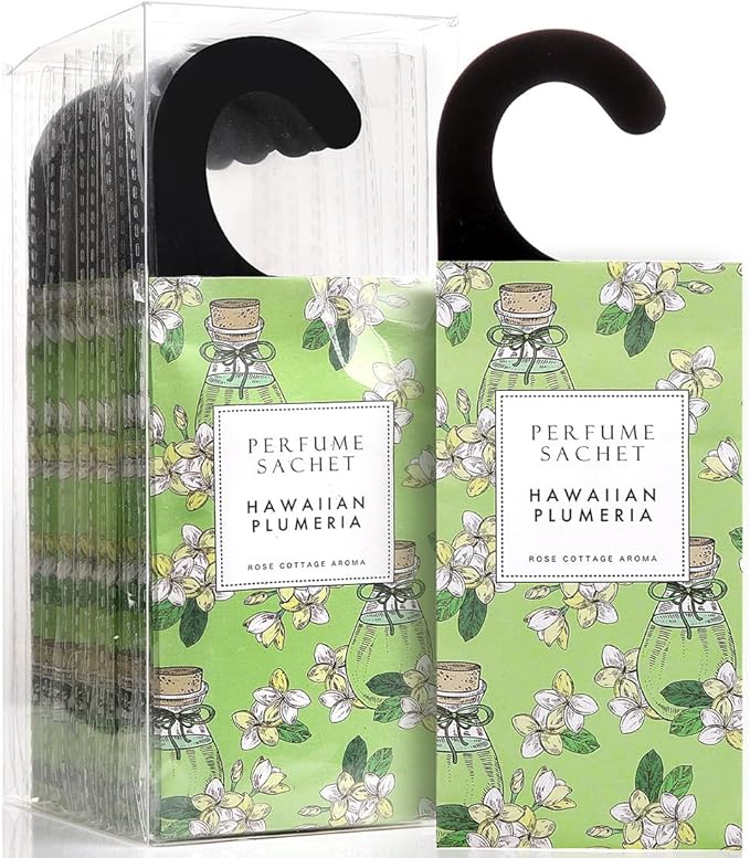 Large 12 Packs Hawaiian Plumeria Hanging Scented Sachets Long-Lasting Closet Deodorizer Air Freshener Fabric Refresher Odor Eliminator for Drawer Home Fragrance Gift Set