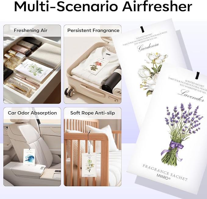 MYARO 12 Pack Assorted Floral Scented Sachets - Lavender, Rose, Jasmine, Ocean, Gardenia & Lily | Drawer, Closet & Car Air Freshener Bags | Multi-Scent Home Fragrance Gift Set