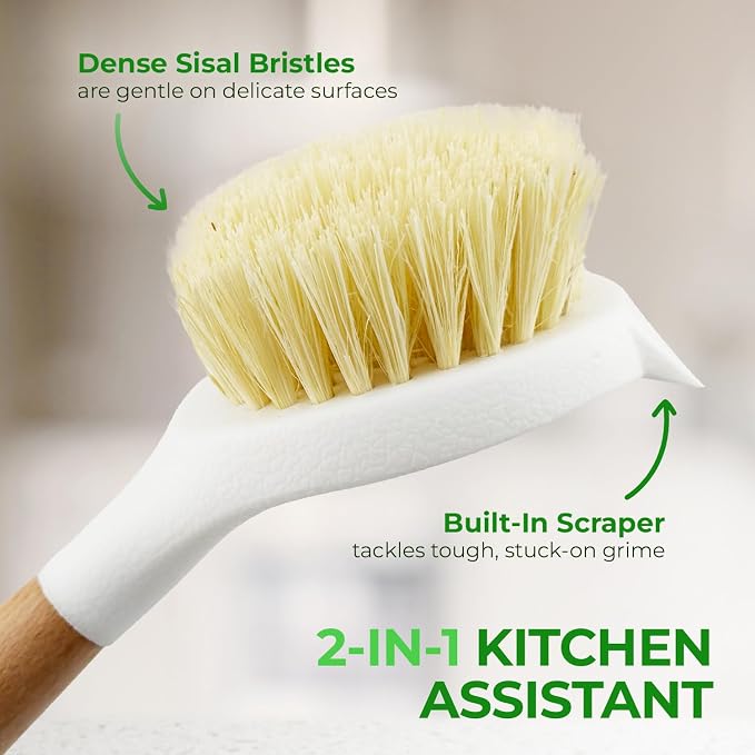 AIRNEX Wooden Dish Brush Set of 2 - Dish Brush with Handle Made of Wood & Sisal Bristles, Non Scratch Kitchen Scrub Brush for Dishes, Pots & Pans, Dish Scrubber with Plastic Free Bristles