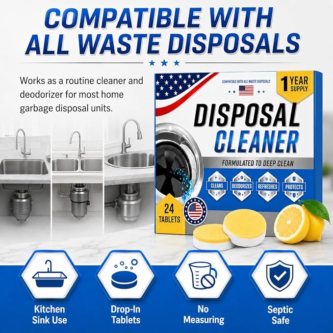 Garbage Disposal Cleaner Deodorizer Tablets, XL Citrus Foaming Tablet for Kitchen Sink Residues Freshener, Drain Cleaner & Odor Eliminator, Septic Safe Kitchen Disposal Care, 24 Pack for 1 Year Supply
