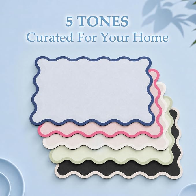Scalloped Dish Drying Mat for Kitchen Counter, Absorbent Easy Clean Non-slip Coffee Bar Station Accessories, Trendy Cute Aesthetic Modern Drainer Kitchen Drying Mat, Navy Blue 12" x 19"