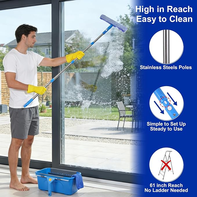 Professional Window Cleaning Kit, Window Washing Kit with 3 Gallon Bucket, 14-Inch Squeegee & 15-Inch Scrubber, 61-Inch Extendable Pole, Window Cleaning Equipment for Home & Commercial (61 inch)