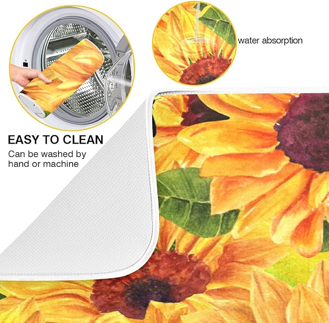 Super Absorbent Dish Drying Mat Microfiber Fast-Drying Mat, 24" x 18" Kitchen Pad Sunflowers Blue Butterflies