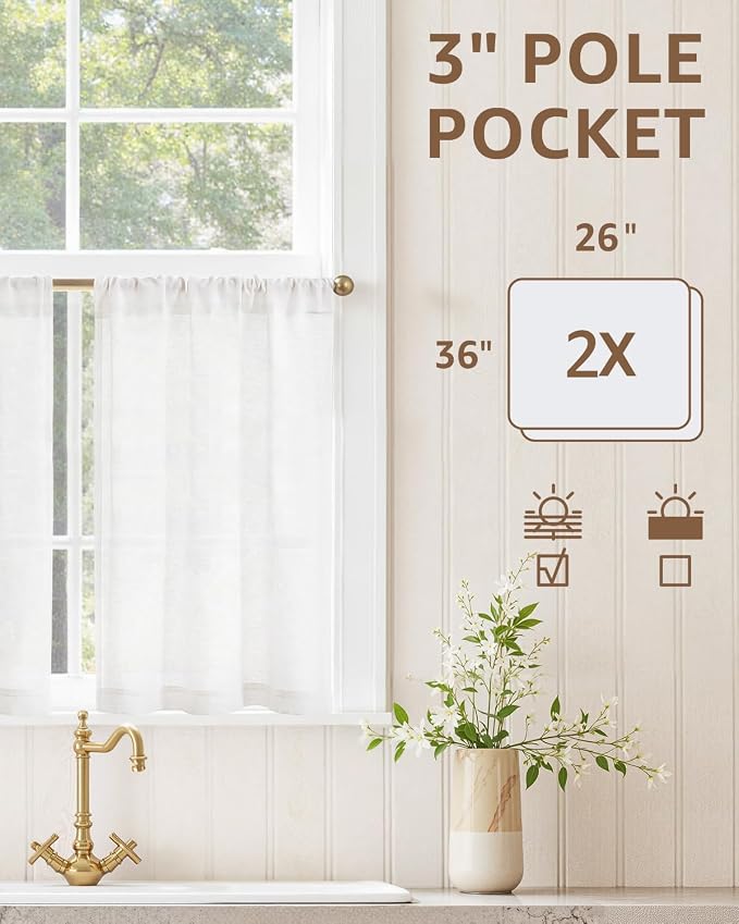 jinchan Modern Linen Rod Pocket Tier Curtains, 26x36, 2 Panels, White | Light filtering, cafe curtains, machine washable, farmhouse, kitchen, bathrooms, laundry, small window, over sink