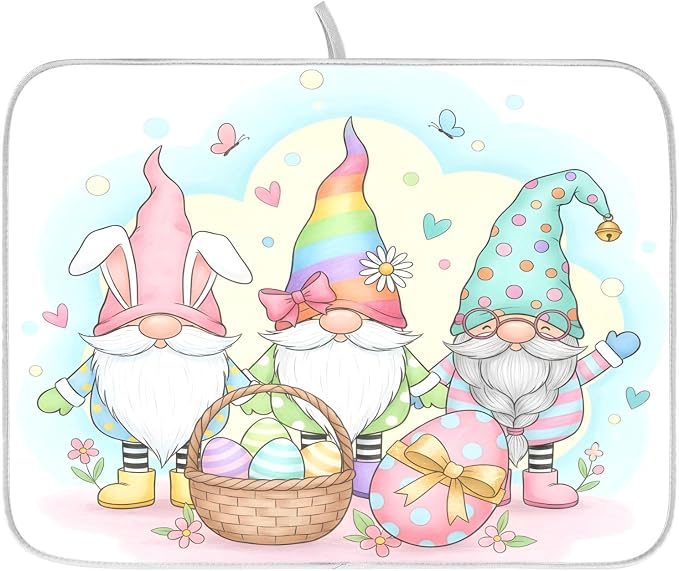 Colorful Easter Cute Gnomes Dish Drying Mat for Kitchen Counter Absorbent Microfiber Small Drying Pad Dish Mats for Kitchen Countertops 16 x 18 Inch