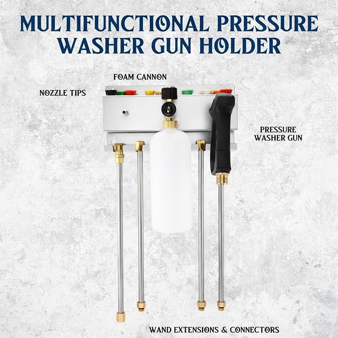 DoubleFill Pressure Washer Gun Holder, Wall Mount Foam Cannon Holder, Car Wash Accessories Organizer for Wand/Nozzle Tips, 1/4'' Pressure Washer Accessories Storage Rack (Silver)