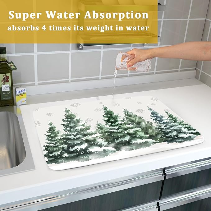 Christmas Dish Drying Mat 16x18 Inch Xmas Forest Tree Absorbent Dish Drainer Protector Pad Winter Holiday Microfiber Drying Mats Absorbent Reversible Dish Pad Kitchen Accessories for Countertop