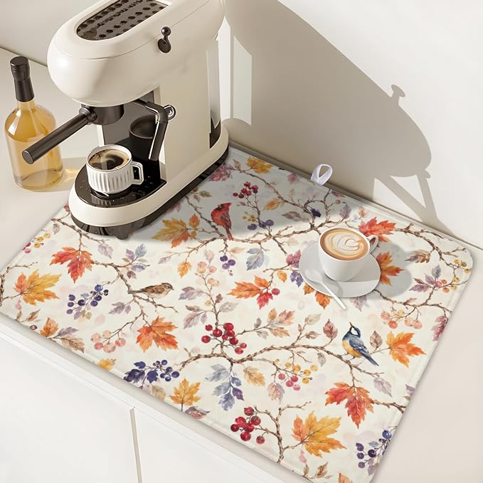 Fall Dish Drying Mat for Kitchen Counter Autumn Harvest Watercolor Maple Leaves Birds Dish Drainer Mat Rustic Farmhouse Absorbent Washable Drying Pad 18"x24"